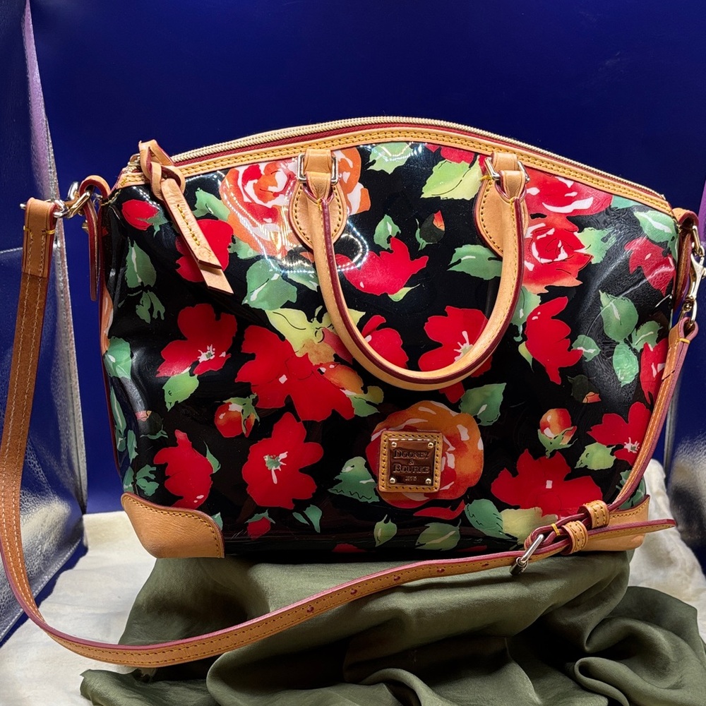 Dooney & Bourke Black & Red Rose Satchel-PVC + Leather-MINT COND.